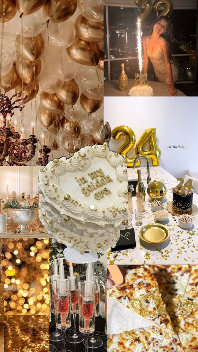 a collage of photos with balloons, cake and champagnes on the table in front of them