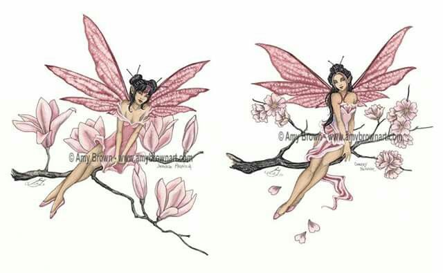 two drawings of a fairy sitting on branches with pink flowers