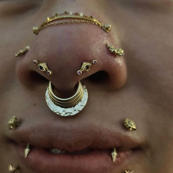 a woman's nose with gold piercings on it and two rings around the nose