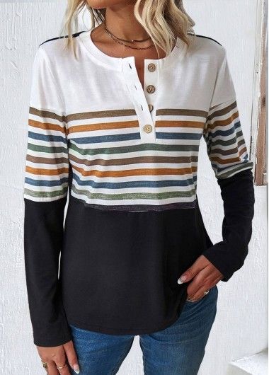 Size:M;Size:L;Size:XL;Size:XXL;Color:Multi Color;Package Contents:1 X T Shirt;Occasion:Other;Style:Casual; Womens Trendy Tops, Trendy Tops For Women, Long Sleeve Striped Top, Long Sleeve Tops Casual, Casual Stripes, Winter Mode, Henley Shirts, Trendy Tops, Striped Long Sleeve