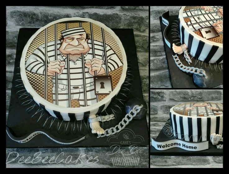 a cake that has been decorated to look like jail cell with a man inside it