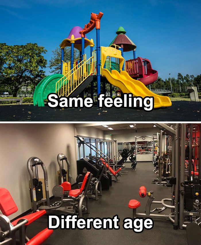 two pictures with different types of gym equipment in the same room, one has a slide and