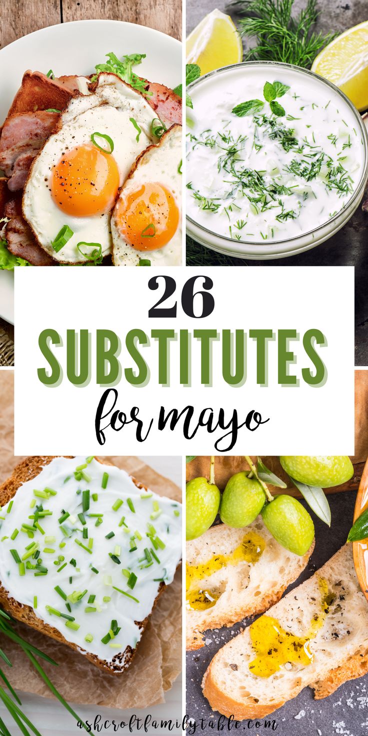 pictures of food with the words, 20 substitues for mayoo on them