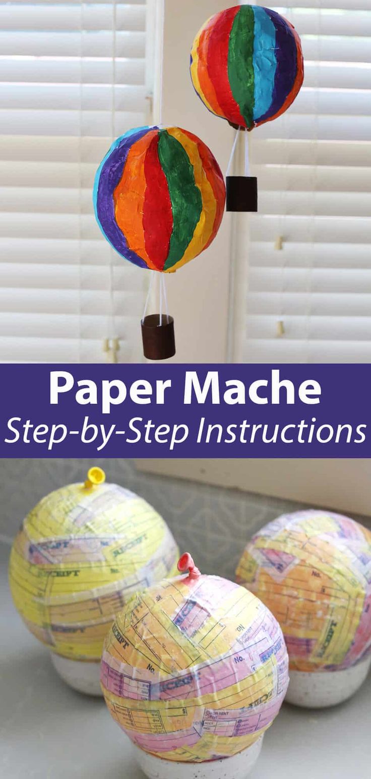 three paper mache hot air balloons are shown with the words, step - by - step instructions