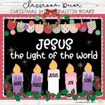 christmas bulletin board with candles and holly wreaths