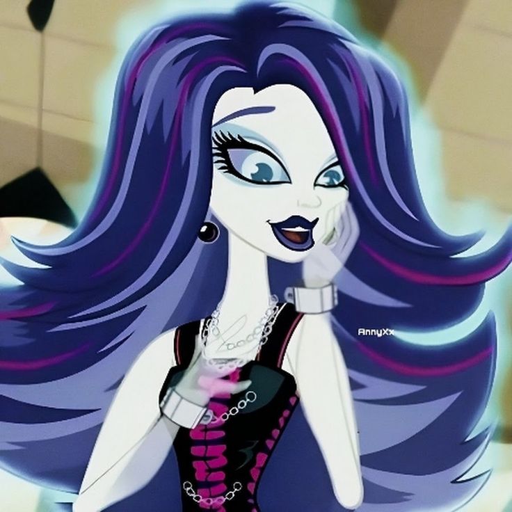 a cartoon girl with purple hair and blue eyes talking on a cell phone while standing in front of a wall