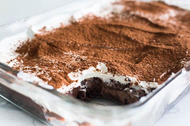 a glass baking dish filled with chocolate cake