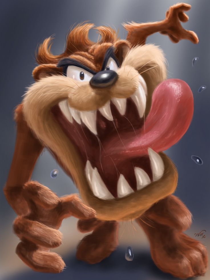 a cartoon dog with its mouth open and teeth wide open, holding an object in it's right hand