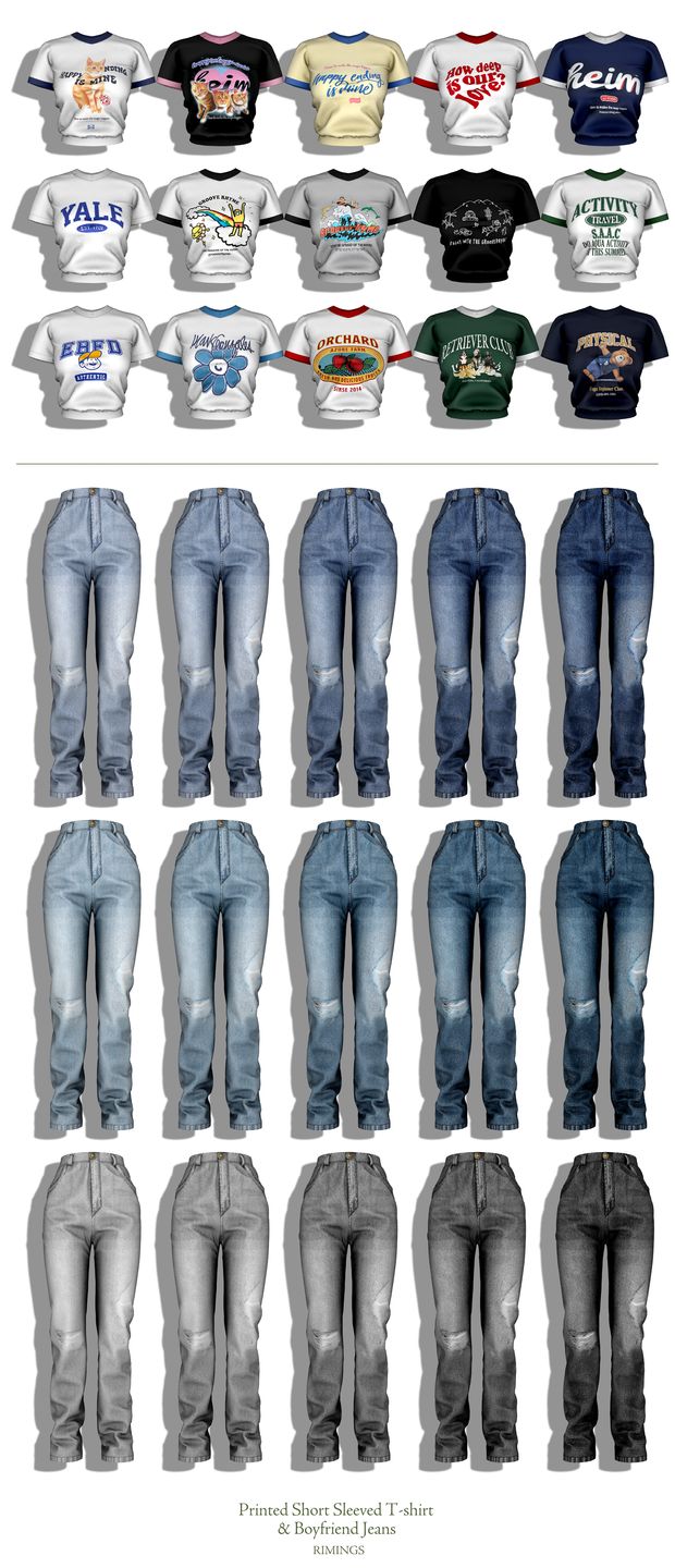 several different types of jeans are shown in this image, with the same colors and sizes