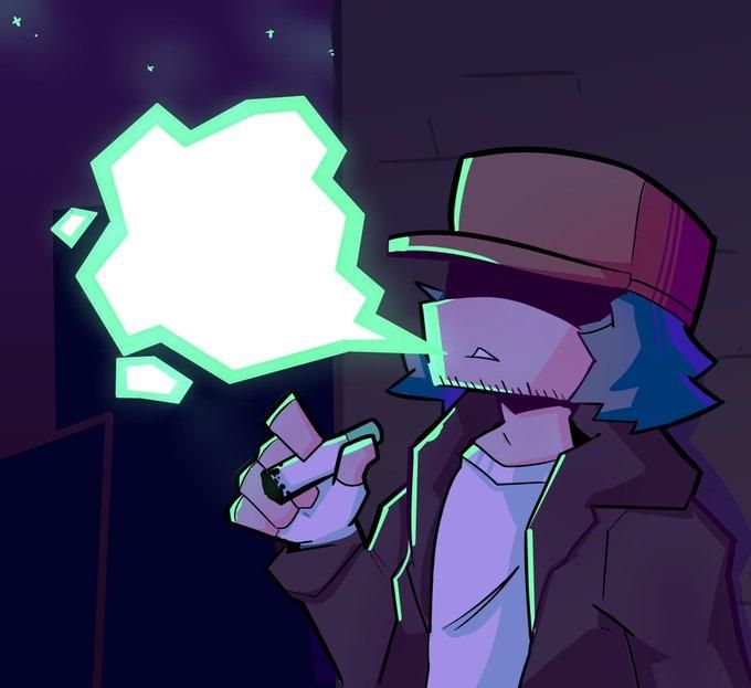 a man in a top hat and suit holding a green light up speech bubble over his head