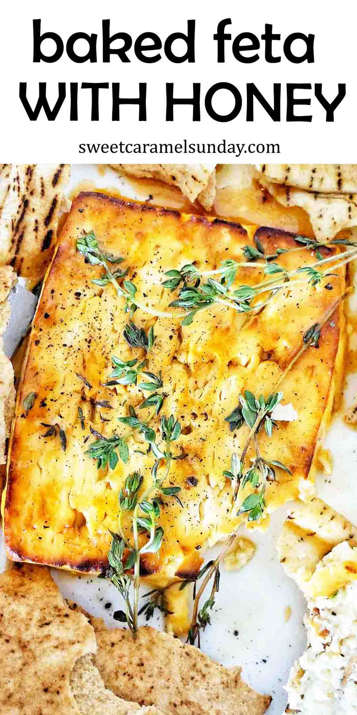 Baked block of feta cheese with honey and thyme on white plate with toasted pita bread. Baked Feta With Honey And Thyme, Baked Feta Honey, Feta Honey Appetizer, Baked Feta Recipes, Appetizers With Feta Cheese, Feta Appetizers For Party, Honey Feta Dip, Greek Appetizers Easy, Feta Dip With Honey