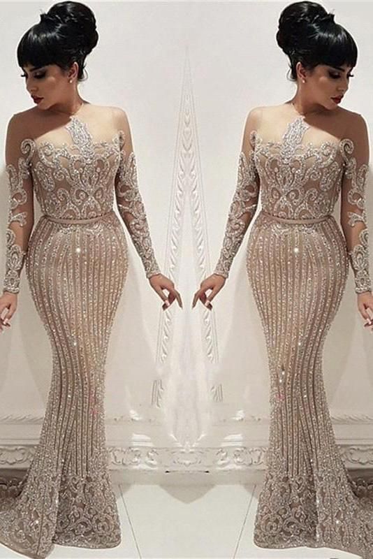 Luxury Beading Crystal Prom Dresses Long Illusion Long Sleeve Mermaid Formal Party Dresses Bridal Mom Dress, Formal Dresses Mermaid, Crystal Prom Dress, Dresses Beige, Dinner Gowns, Soiree Dress, Braut Make-up, Evening Dress Floor Length, Elegant Prom Dresses