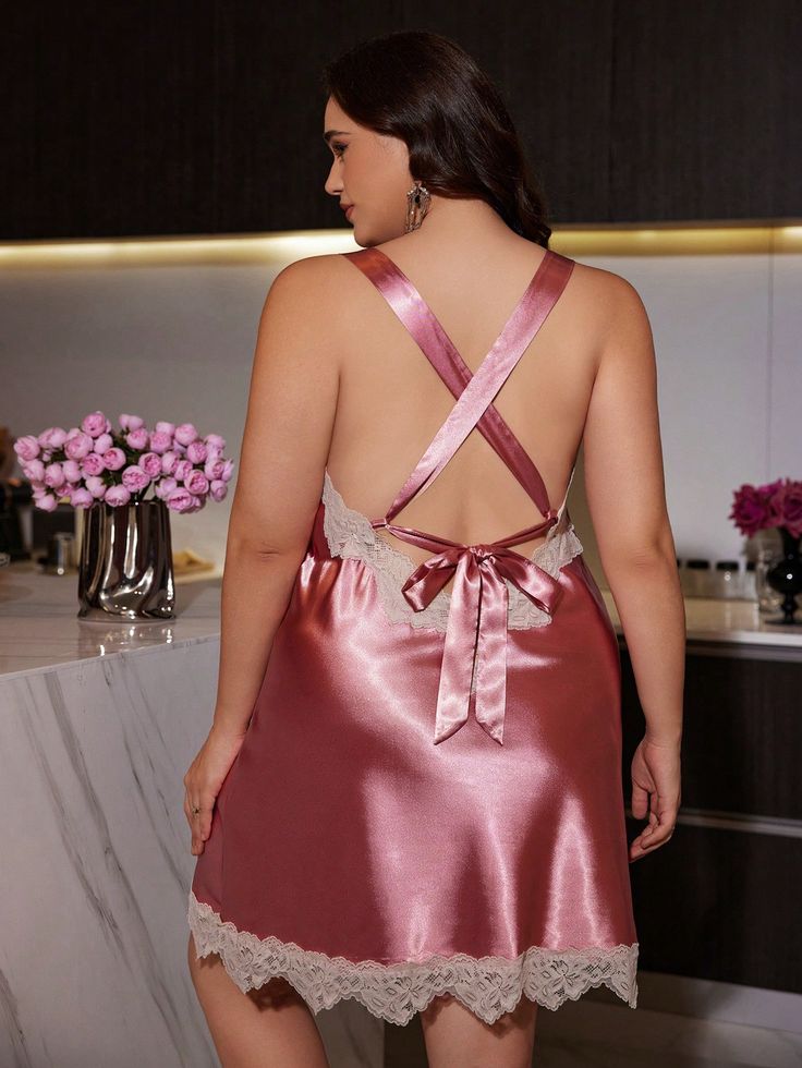 Plus Size Backless Delicate Lace Imitation Silk Dress Pink Sexy  Sleeveless Satin Plain Nightgowns Non-Stretch All Women Plus Sleep and Lounge, size features are:Bust: ,Length: ,Sleeve Length: Silk Dress Pink, Film Fancy Dress, Plus Size Camisoles, Sleepwear Women Pajamas, Satin Pj Set, Girls Denim, Pajama Set Women, Girl Falling, Pajama Sets