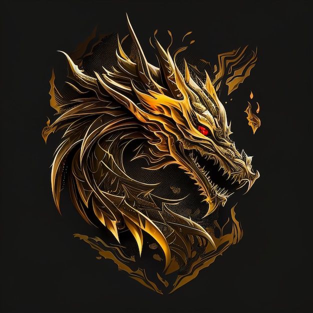 a golden dragon with red eyes on a black background