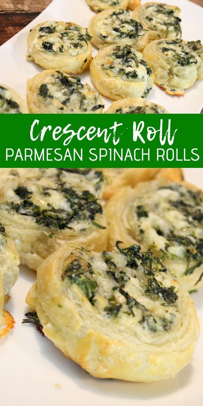 several small pastries on a white plate with green text reading crescent roll parmesan spinach rolls