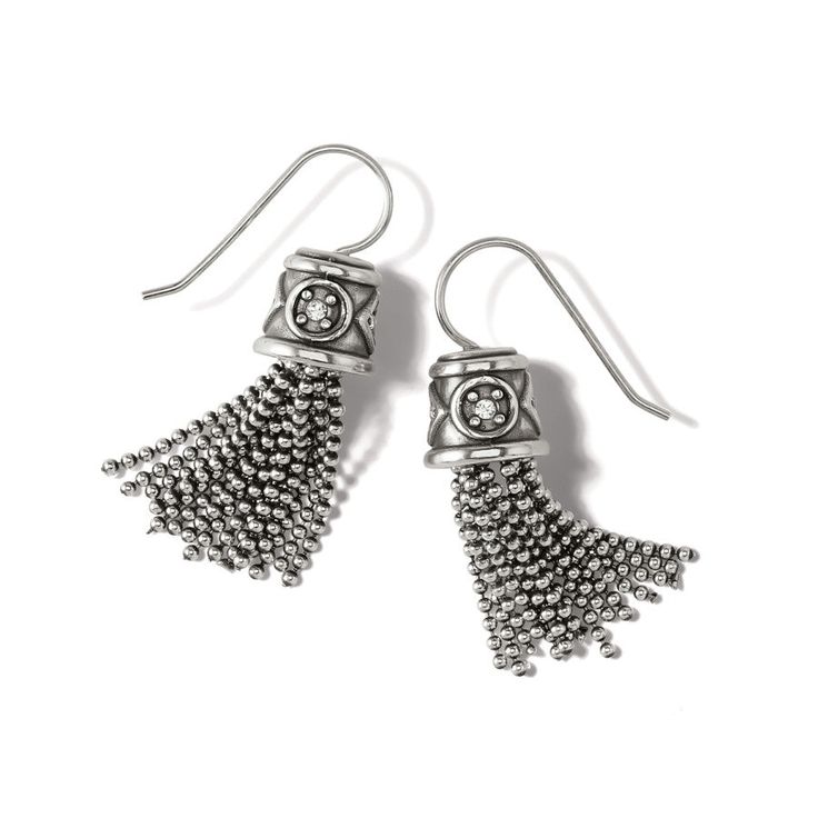 Elegant mini tassel design with Meridian Zenith elements, these earrings feature glass stones  delicate, feminine and modern! Elegant Silver Tassel Earrings For Evening, Elegant Silver Earrings With Tassels, Elegant Silver Tassel Earrings With Fringe, Elegant Metal Tassel Jewelry, Elegant Metal Jewelry With Tassels, Elegant Silver Nickel-free Tassel Earrings, Silver Tassel Earrings For Evening, Elegant Silver Tassel Earrings Nickel Free, Elegant Tassel Chandelier Earrings