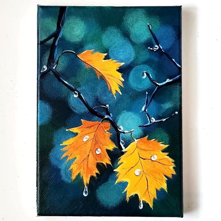 an acrylic painting of yellow leaves with drops of water on them, against a white background