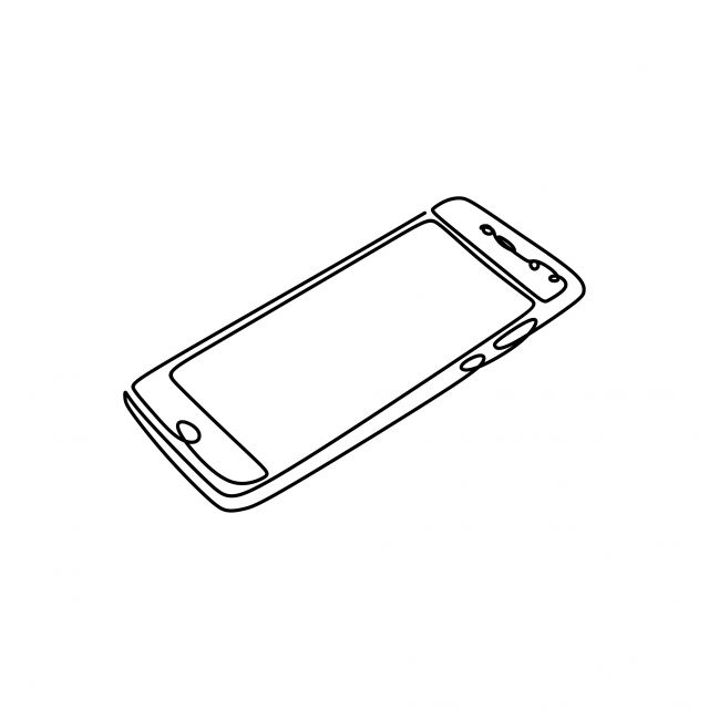 a black and white drawing of a cell phone on a white background with the screen facing upwards