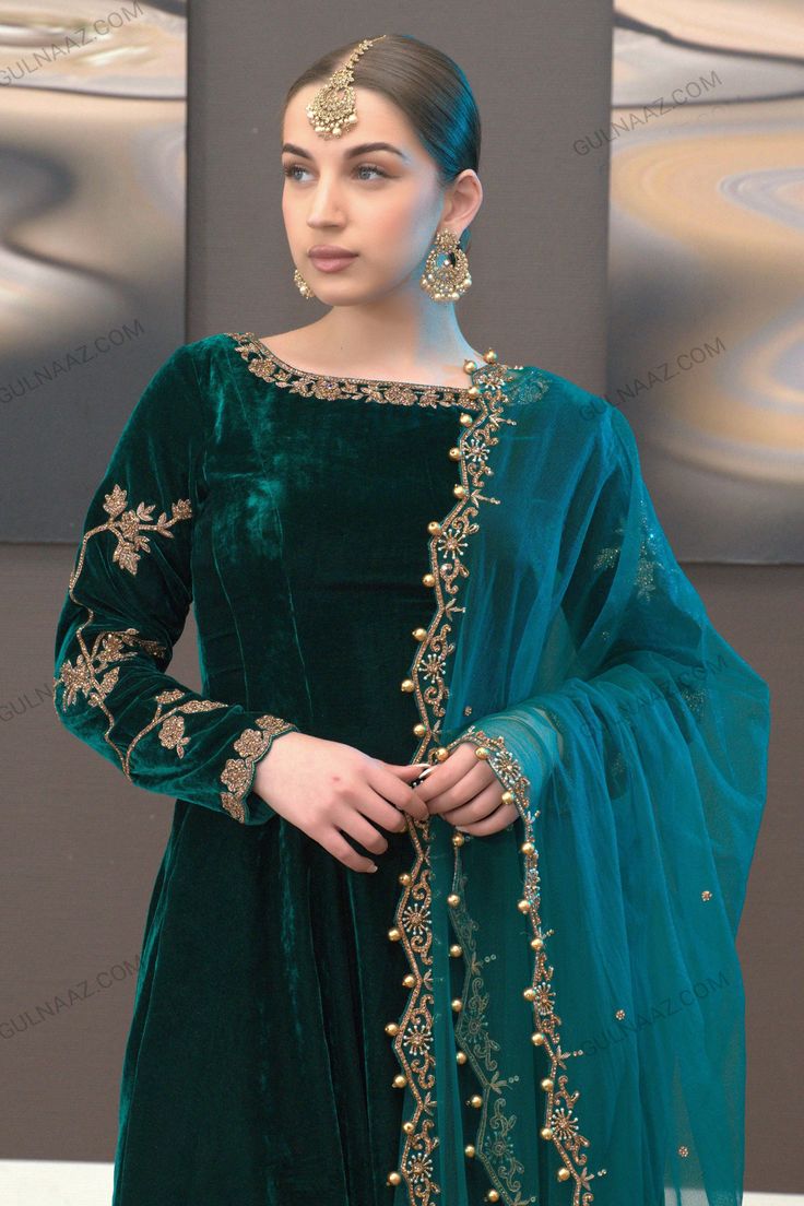 Zafira Green Velvet Anarkali Dress | Shop Now! Bottle Green Pakistani Suit, Bottle Green Contrast Color Suit, Bottle Green Dress Outfits, Velvet Pakistani Dress Color Combinations, Bottle Green Dress, Velvet Anarkali, Anarkali Tops, Embroidery Zardozi, Dupatta Designs