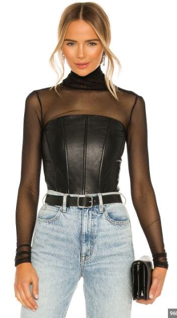 Leather Corset Outfit, Black Leather Corset, Leather Garments, Leather Bodysuit, Corset Outfit, Leather Bustier, Silk Blouses, Mesh Tops, Iconic Fashion