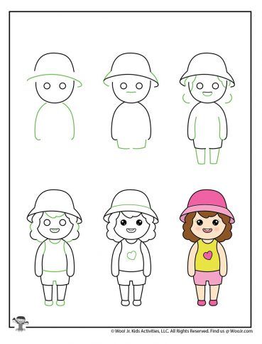 children's drawing with different shapes and colors, including the girl wearing a pink hat