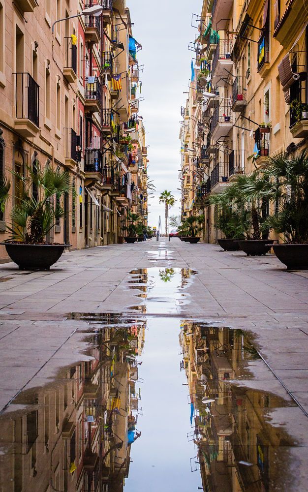 an empty city street with buildings reflecting in the water