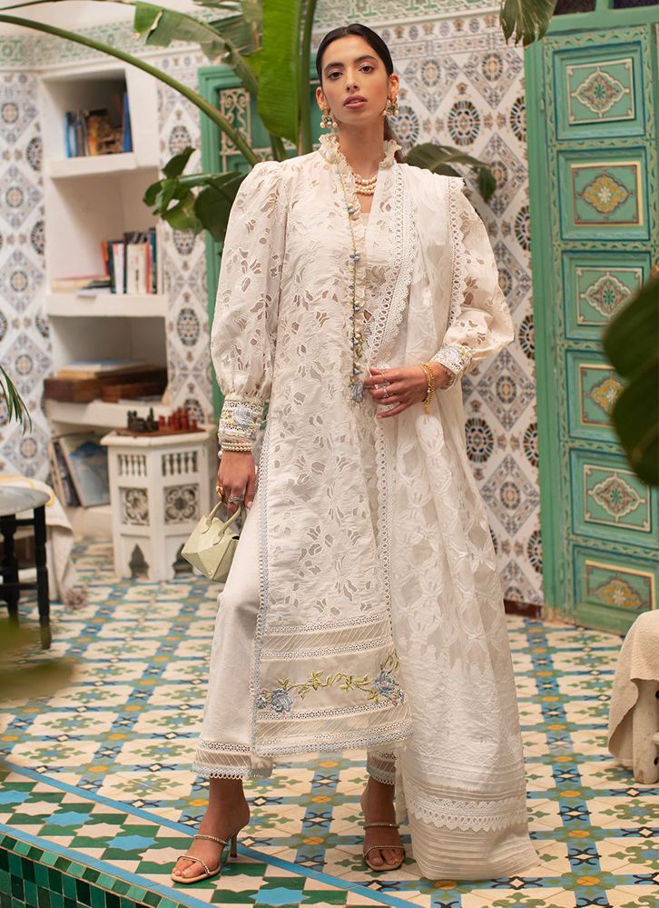 Farah Talib Aziz Ourika Ivory Summer Lawn Painterly Flowers, Farah Talib Aziz, Dupatta Top, Jacquard Pants, Embellished Wedding Dress, Unstitched Dress Material, Summer Lawn, Pakistani Salwar Kameez, Embroidered Sleeves