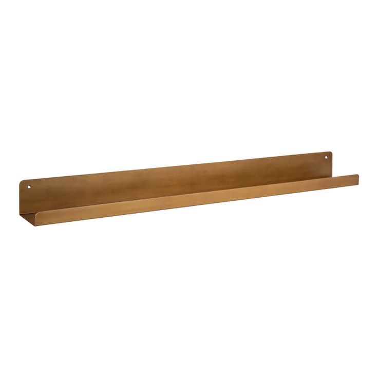 a wooden shelf with metal brackets on it