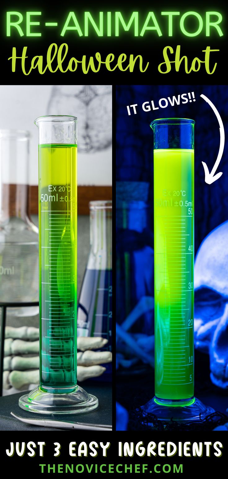 an experiment is shown with green and blue liquid in test tubes, next to the same image