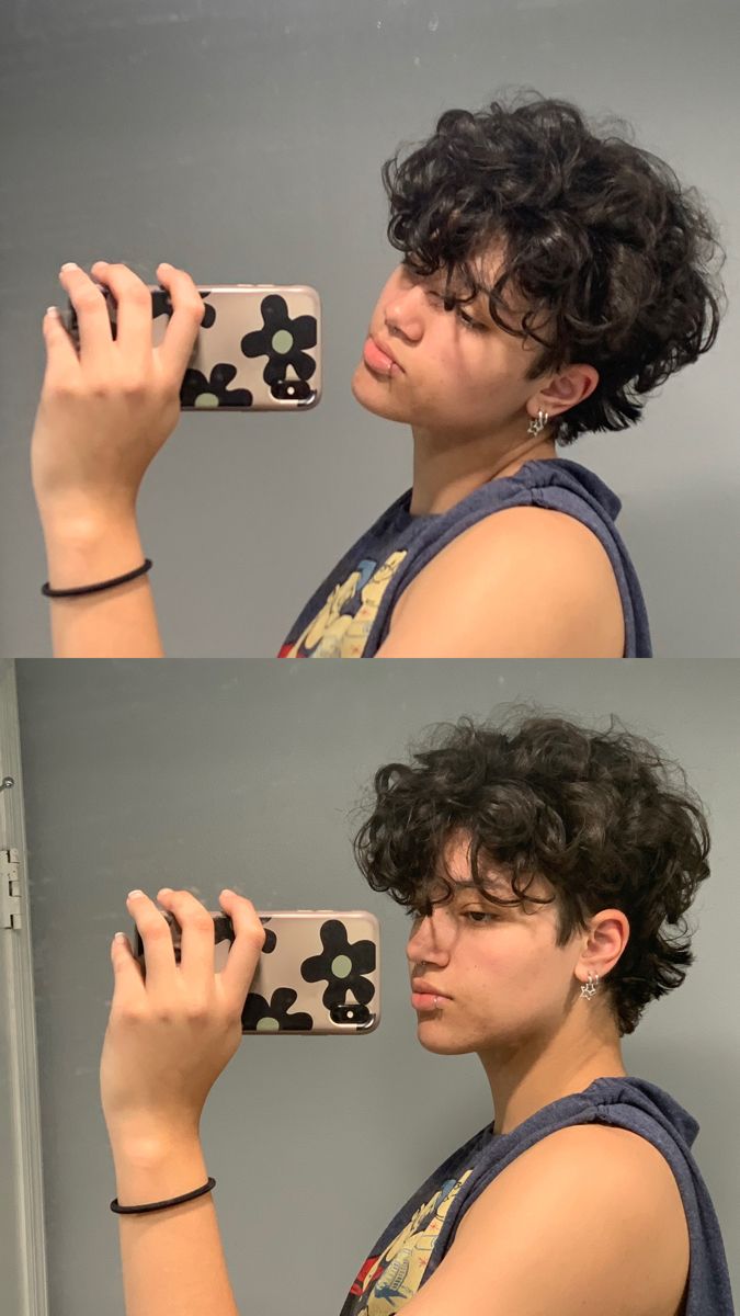 Masc Haircuts For Curly Hair, Unisex Short Curly Haircuts, Masculine Short Curly Hair, Nb Haircut Curly, Masculine Curly Haircut For Women, Lesbian Short Curly Hair, Short Curly Masc Haircuts, Curly Queer Hairstyles, Curly Masc Haircut