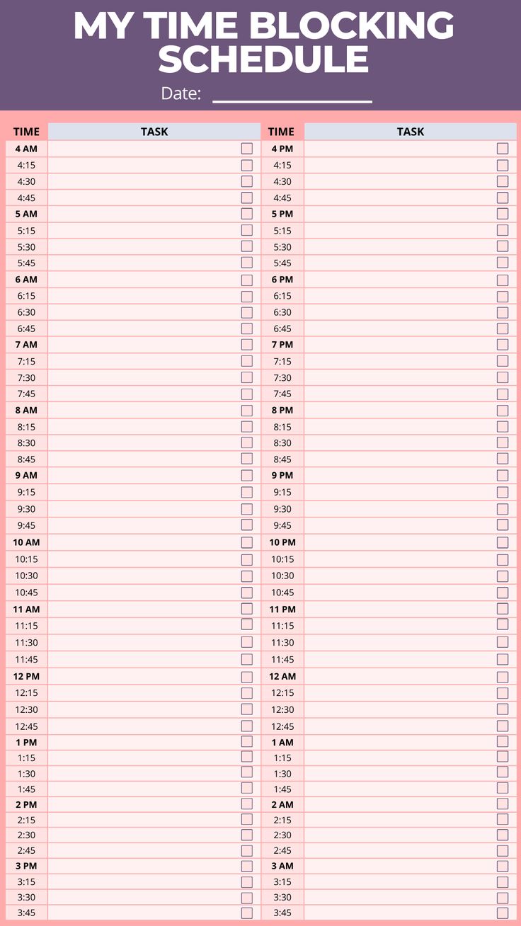 the printable my time blocking schedule is shown in pink and white with purple border