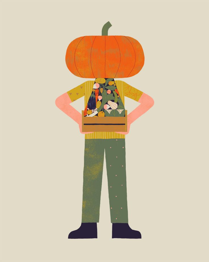 a man with a pumpkin on his back holding a box full of halloween treats in front of him