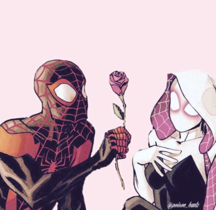 two spider - man are sitting next to each other and one is holding a rose