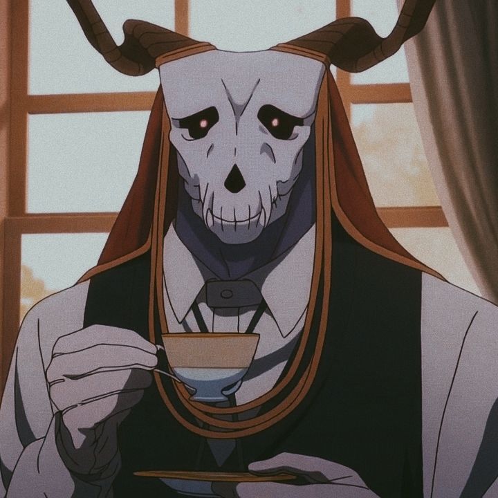 an anime character with horns holding a cup in his hand and looking at the camera