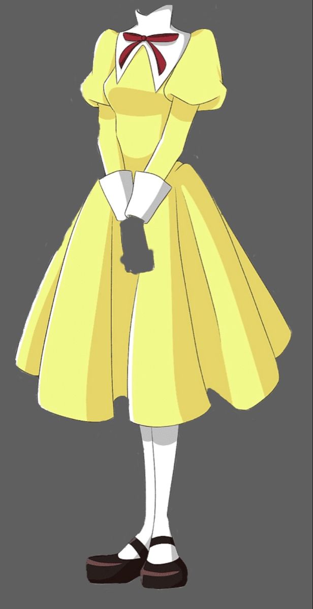 a woman in a yellow dress and black shoes standing with her hands on her hips