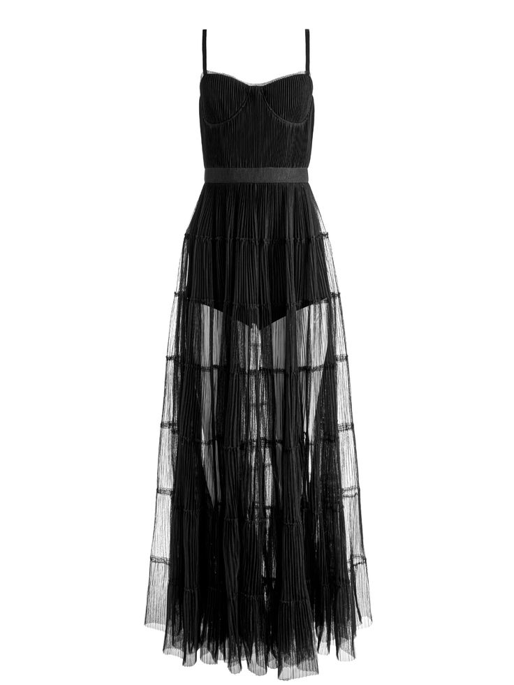 Deena Pleated Maxi Dress With Hot Pant In Black | Alice And Olivia Sheer Maxi Mesh Dress For Cocktail, Sheer Mesh Cocktail Dress, Maxi Length, Sheer Mesh Floor-length Dress, Sheer Mesh Evening Dress With Spaghetti Straps, Sheer Mesh Maxi Dress For Evening, Sheer Mesh Dress With Spaghetti Straps For Evening, Mesh Dress With Sheer Bodice For Gala, Gala Dress With Sheer Bodice In Mesh, Mesh Gala Dress With Sheer Bodice