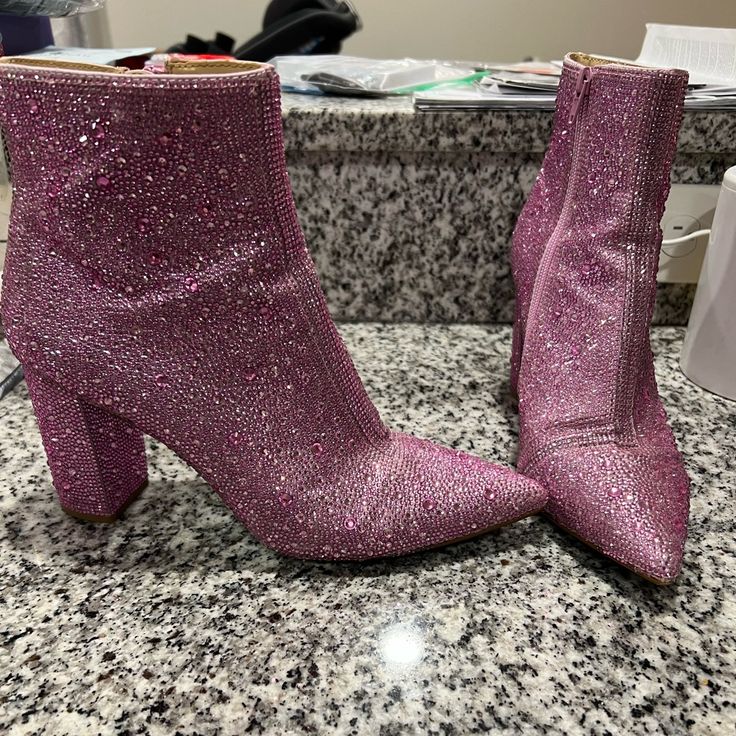 Betsey Johnson Pink Rhinestone Boots Pink Low Heel Party Boots, Pink Low Heel Boots For Party, Embellished Pink Boots For Evening, Embellished Pink Evening Boots, Embellished Almond Toe Party Boots, Betsey Johnson Shoes, Pink Rhinestones, Betsey Johnson, Cute Shoes