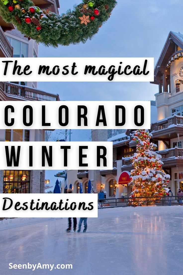 two people standing in front of a christmas tree with the words, the most magical colorado winter destinations