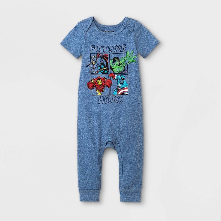 Prep your future SHIELD recruit for exciting days in this 3-Piece Marvel Top and Bottom Set. Made from a soft fabric blend, each piece in this baby boys' top and bottom set offers him comfy wear during tummy time, nap time or stroller rides in the park. The set includes one short-sleeve blue bodysuit with a grid-like illustration of the Hulk, Captain America, Iron Man and Thor on the front with the phrase "Future Hero," along with two rompers — one blue with Captain America's shield symbol and t Shield Symbol, Captain America Iron Man, Top And Bottom Set, Thigh Piece, Captain America Shield, Blue Bodysuit, The Hulk, Comfy Wear, Tummy Time