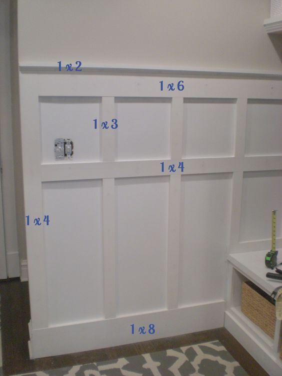 measurements for the door to an entryway in a room with white paneling and shelving