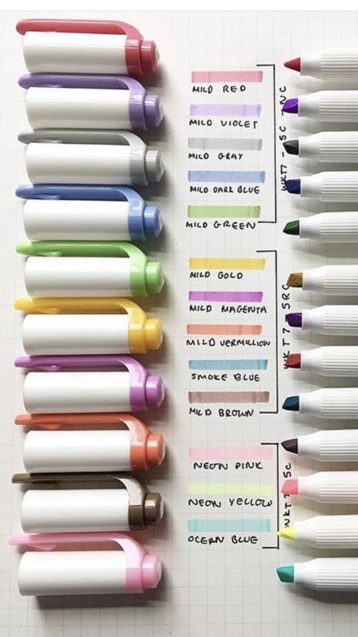 several different colored pens lined up on top of each other with the names and numbers below them