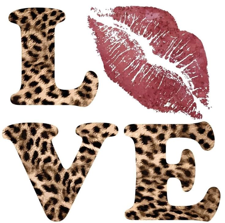 the word love is made up of leopard print letters and a red lipstick on top