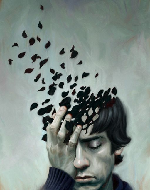 a painting of a man holding his head with birds flying out of the top of his head