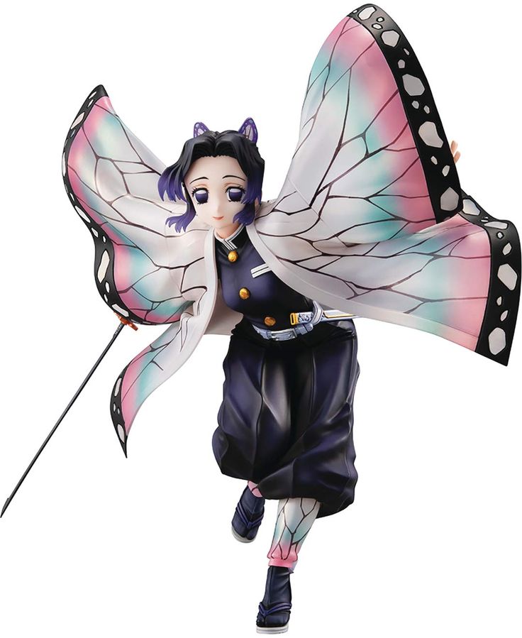 a figurine of a woman dressed in black and white holding a butterfly wing