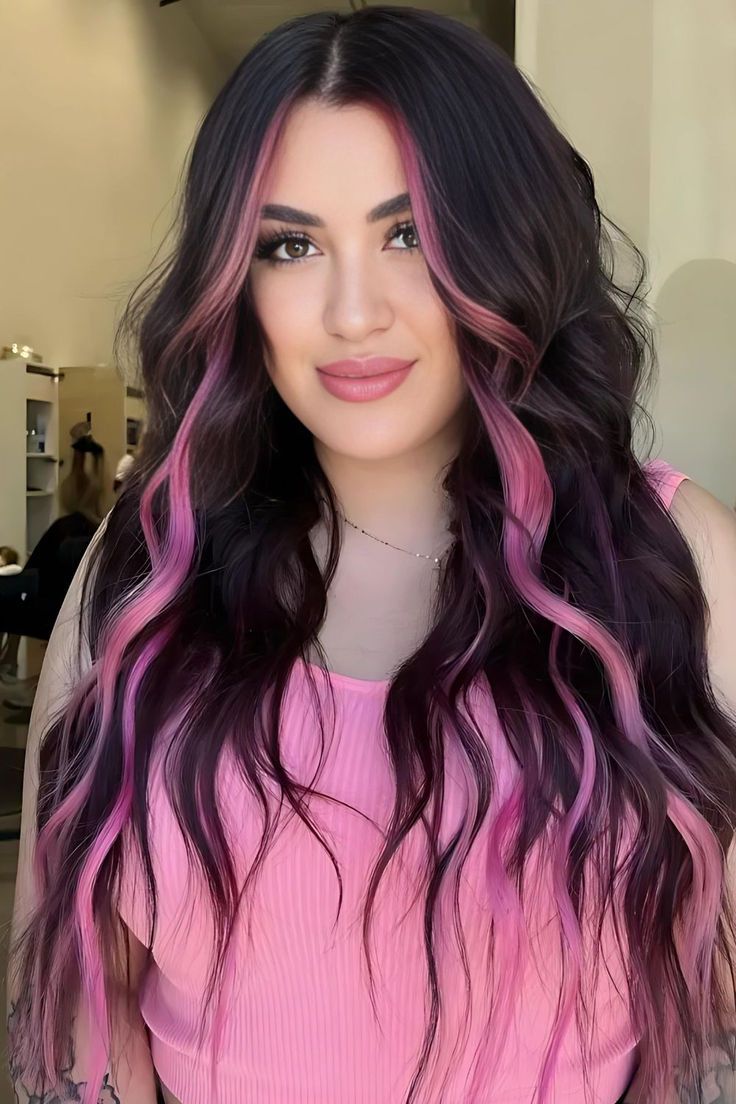 Pink Money Piece On Burgundy Brunette Money Piece Ideas, Brunette Hair With Money Piece, Pink Money Piece, Brown Hair With Pink Highlights, Money Piece Highlights, Purple Black Hair, Hair With Money Piece, Pink Hair Streaks, Pink Hair Highlights