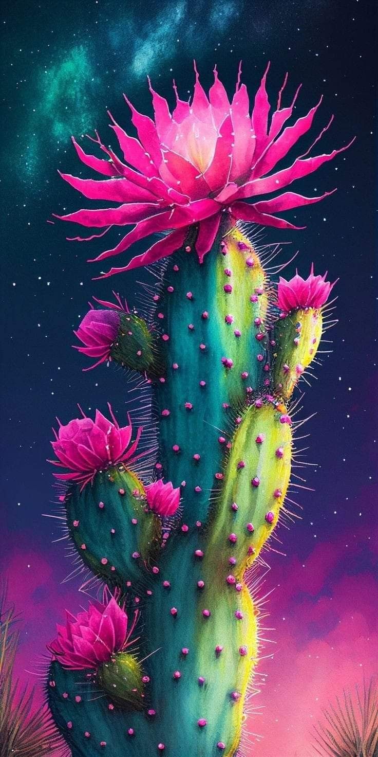 a painting of a cactus with pink flowers on it's head and the sky in the background