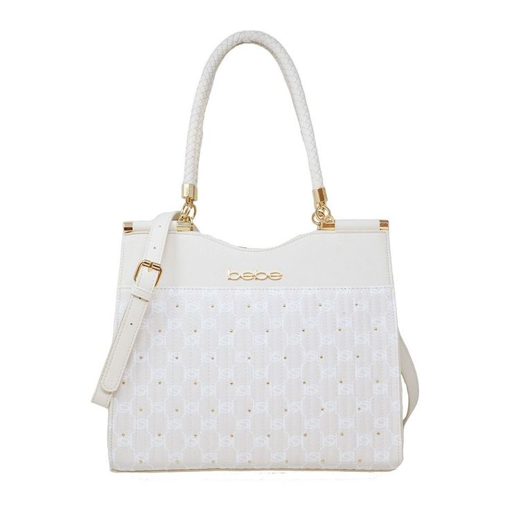 a white handbag with gold hardwares on the handles and shoulder strap, in front of a white background