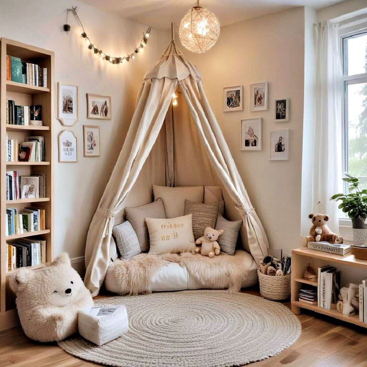 a child's bedroom with a teepee tent and teddy bears