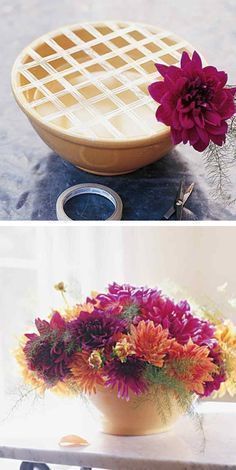 two pictures of flowers in a vase and on a table with the same flower arrangement