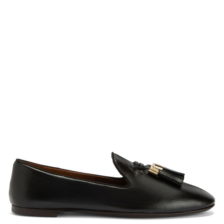 Leather loafers with grosgrain edging, leather tassels and metallic detail. Luxury Calf Leather Tassel Loafers With Leather Sole, Luxury Calf Leather Tassel Loafers, Luxury Calf Leather Tassel Loafers For Galas, Luxury Leather Loafers With Tassels, Formal Leather Loafers With Tassels, Elegant Leather Loafers With Tassels, Luxury Tassel Loafers Slip-on For Work, Luxury Slip-on Tassel Loafers For Work, Luxury Calf Leather Tassel Loafers For Office